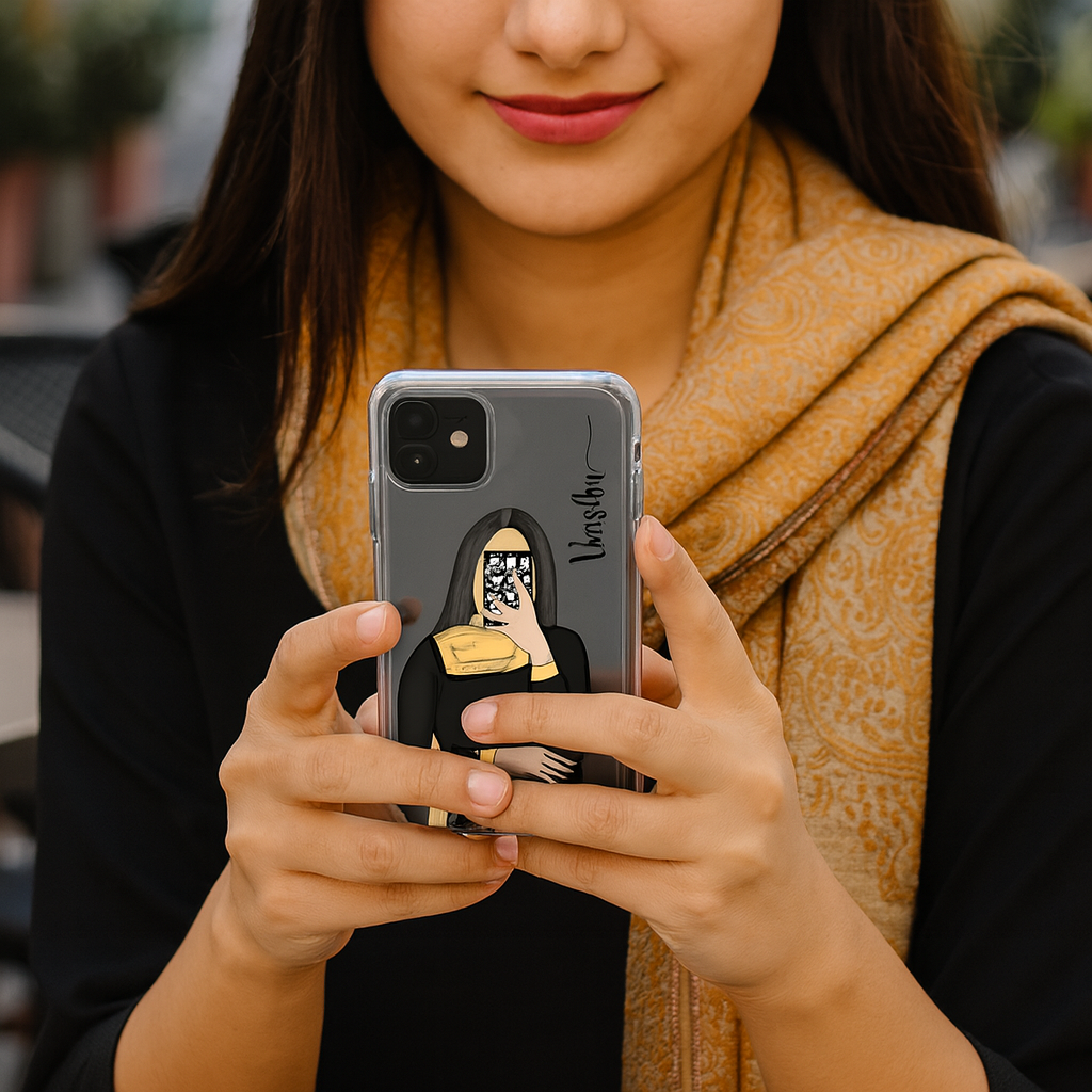 Elegant Custom Name Girl Mobile Cover | Stylish Black Outfit Illustration | Soft Shockproof TPU Case for All Phone Models | Perfect Fashion Gift