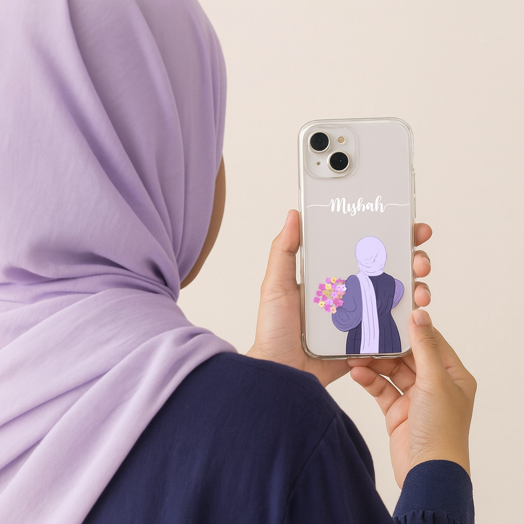 Lavender Hijab Girl Custom Name Mobile Cover | Soft Shockproof TPU Case for All Smartphone Models | Perfect Gift for Girls & Sisters