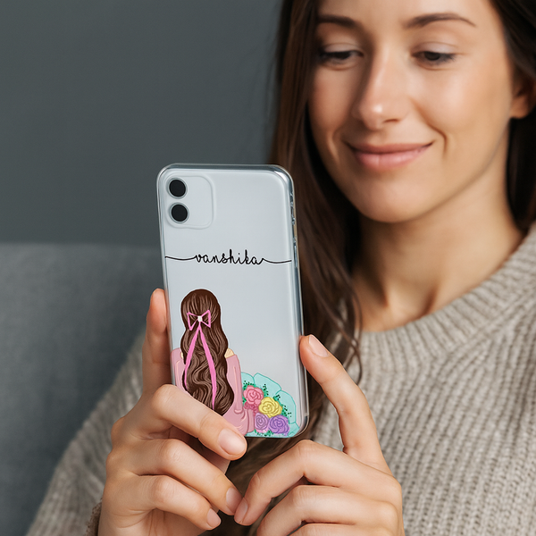 Custom Name Transparent Phone Case for Women & Teens – Stylish Girly Back Cover with Artistic Design | Trendy Gift for Birthdays & Festivals
