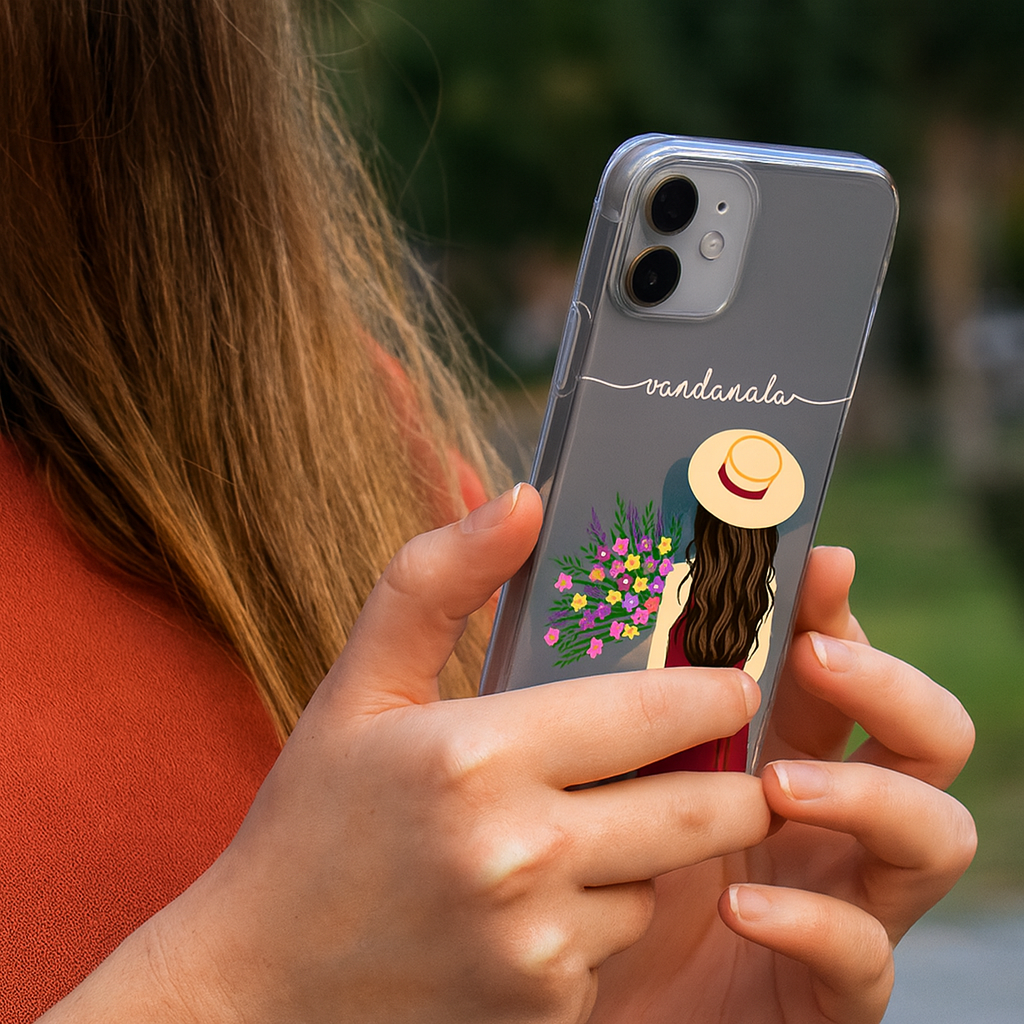 THE MAGICAL GIFTS Custom Name Transparent Floral Phone Case for Women – Aesthetic Girl Illustration Back Cover | Trendy Gift for Festivals & Birthdays