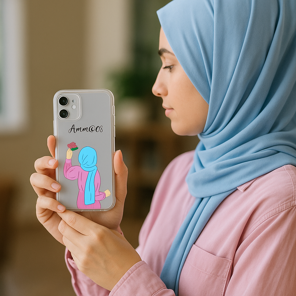 Personalized Hijab Girl Mobile Cover – Custom Name Transparent Case for All Models | Perfect Gift for Birthday & Daily Use