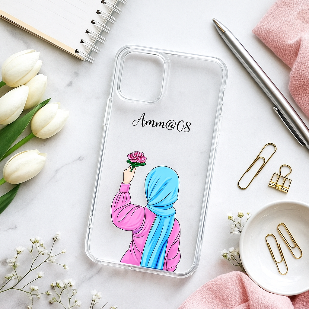 TERA MERA GIFT Personalized Hijab Girl Mobile Cover – Custom Name Transparent Case for All Models | Perfect Gift for Birthday & Daily Use