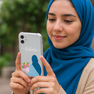 Elegant Blue Hijab Girl Custom Name Mobile Cover | Soft Shockproof TPU Case for All Smartphone Models | Perfect Gift for Girls