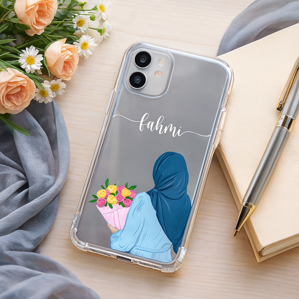 Premium Blue Hijab Girl Mobile Cover | Custom Name Soft Silicone Case for All Models | Best Gift for Stylish Girls