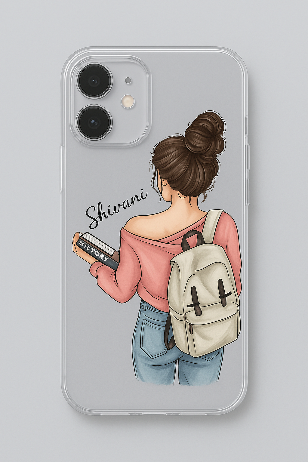 Personalized Girl Mobile Cover – Custom Name Case with Cute Backpack Art, Perfect Gift for Birthdays & College Life