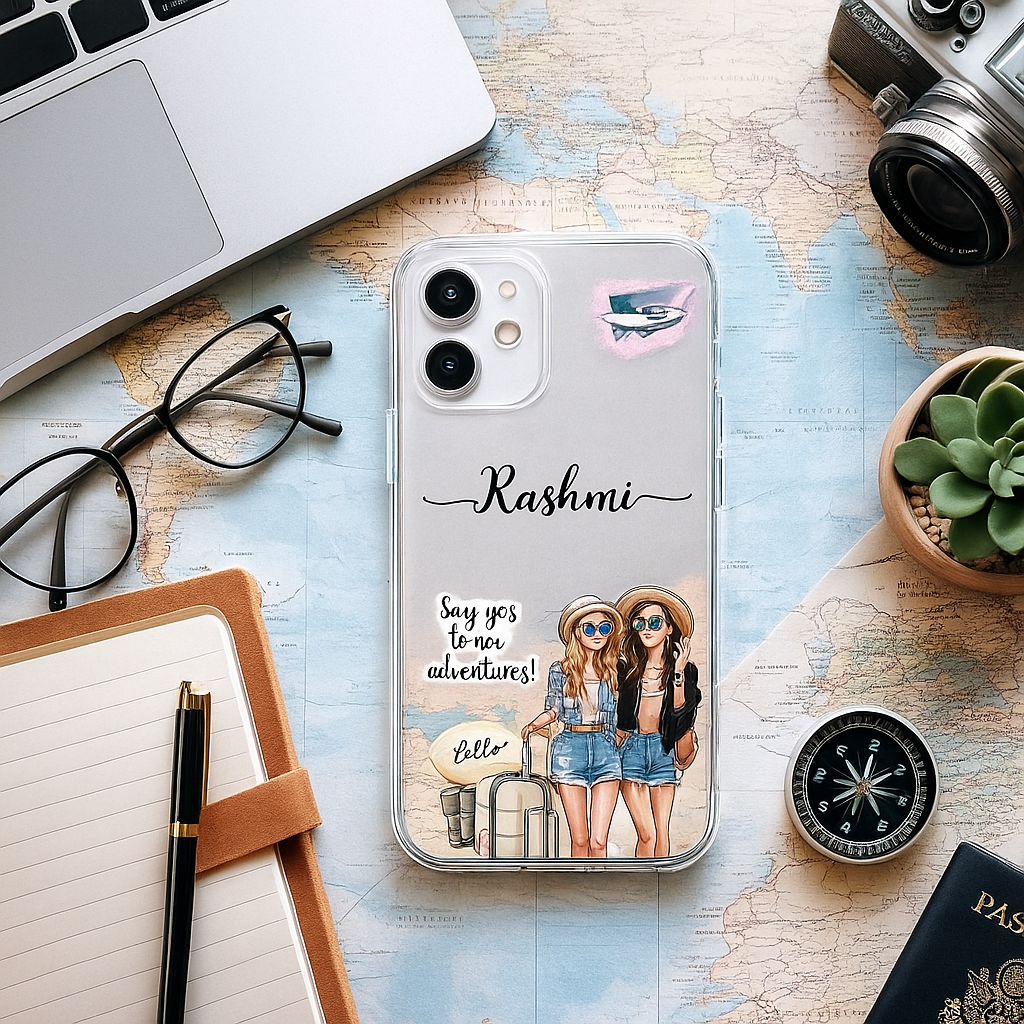 Travel Theme Personalized Mobile Cover – Custom Name Case for Girls who Love Adventures & Stylish Vacations
