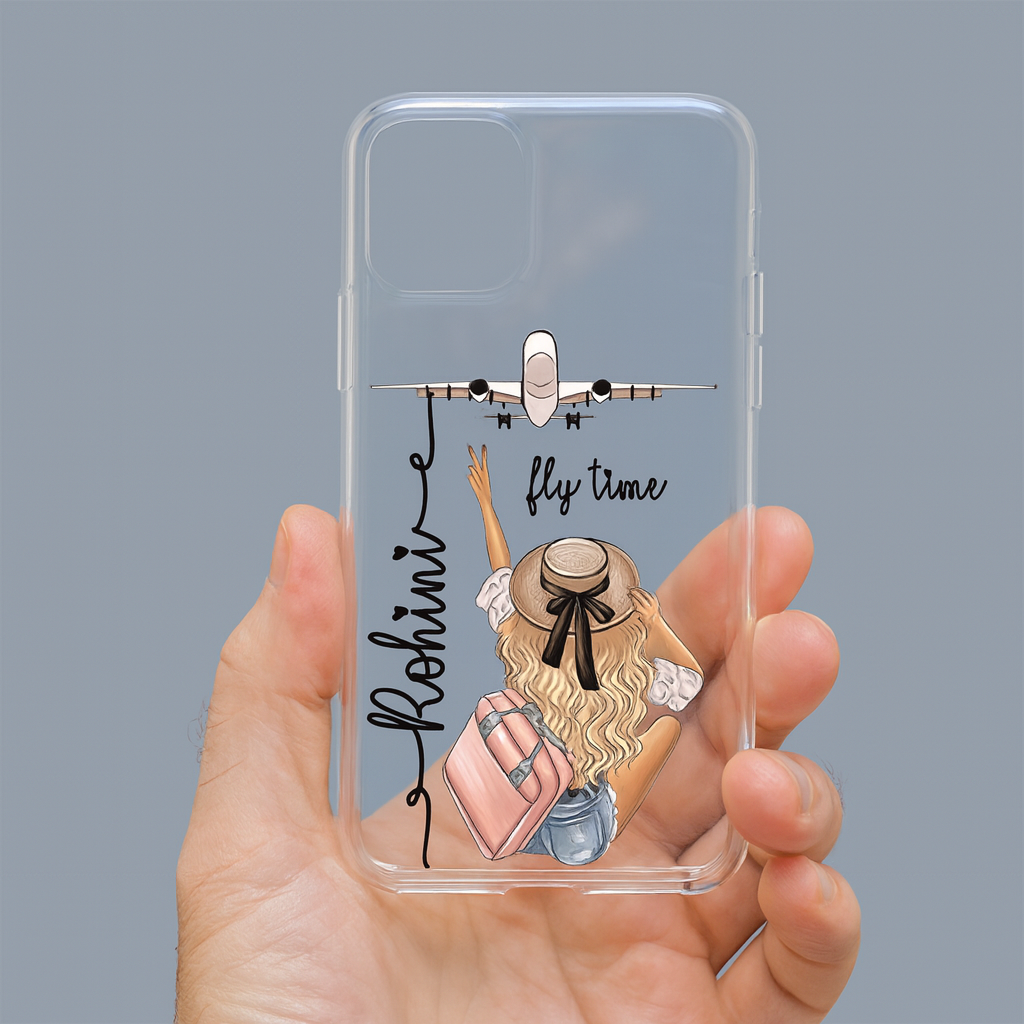 Travel Girl Mobile Cover – Stylish Transparent Case for All Phone Models | Cute Fly Time Artwork | Perfect Gift for Girls & Travel Lovers