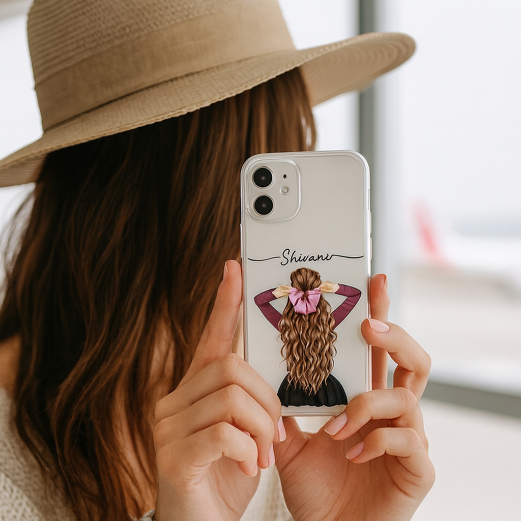 TERA MERA GIFT Custom Girl Mobile Cover – Clear Slim Case for All Phone Models | Personalized Name Design with Pink Bow Artwork | Cute Gift for Girls