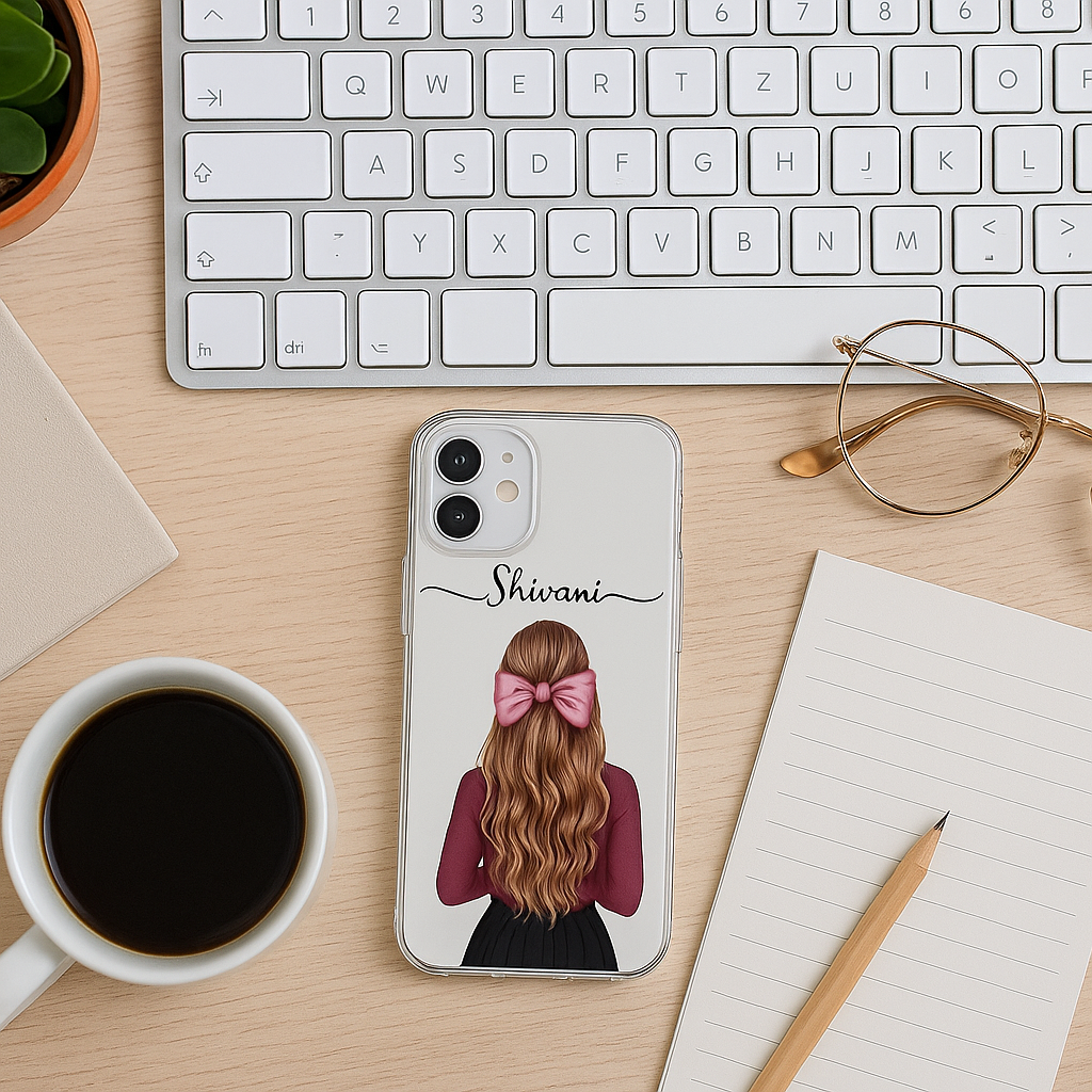 TERA MERA GIFT Custom Girl Mobile Cover – Clear Slim Case for All Phone Models | Personalized Name Design with Pink Bow Artwork | Cute Gift for Girls