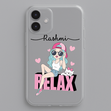 Custom Transparent Silicone Mobile Case – Soft Shockproof Cover with Name Print for Girls | Trendy Relax Design | Perfect Gift for Birthdays & Daily Use