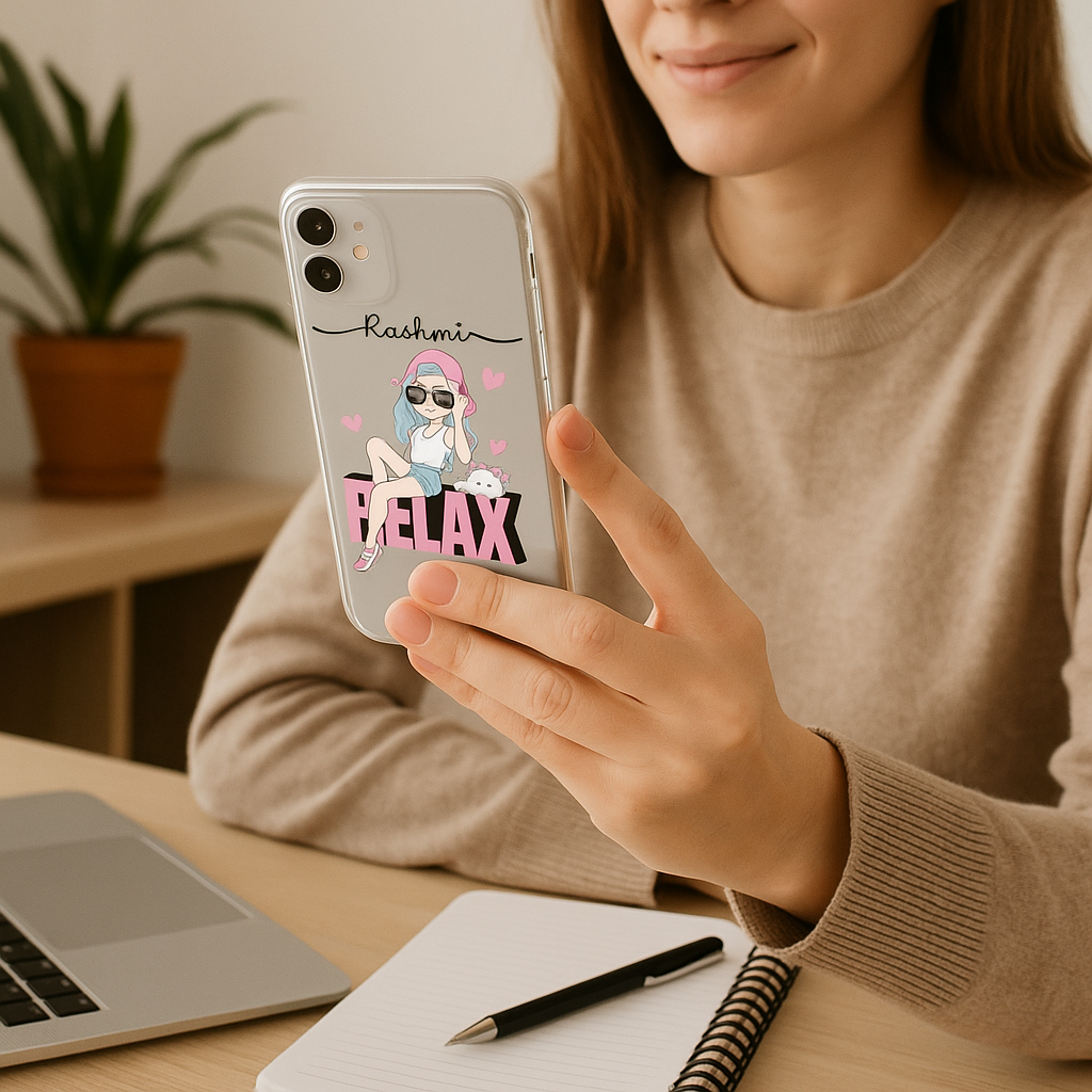 TERA MERA GIFT Custom Transparent Silicone Mobile Case – Soft Shockproof Cover with Name Print for Girls | Trendy Relax Design | Perfect Gift for Birthdays & Daily Use