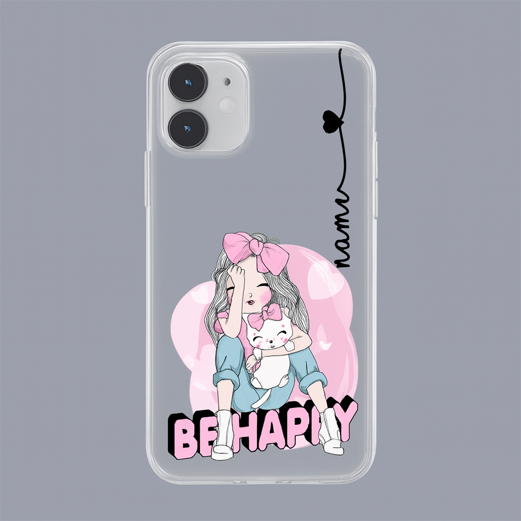 Transparent Silicone Mobile Case – Cute Be Happily Girl Design | Soft Shockproof Clear Cover for All Phone Models