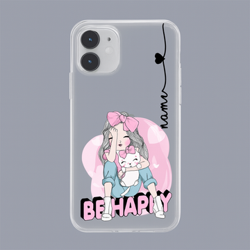 Transparent Silicone Mobile Case – Cute Be Happily Girl Design | Soft Shockproof Clear Cover for All Phone Models