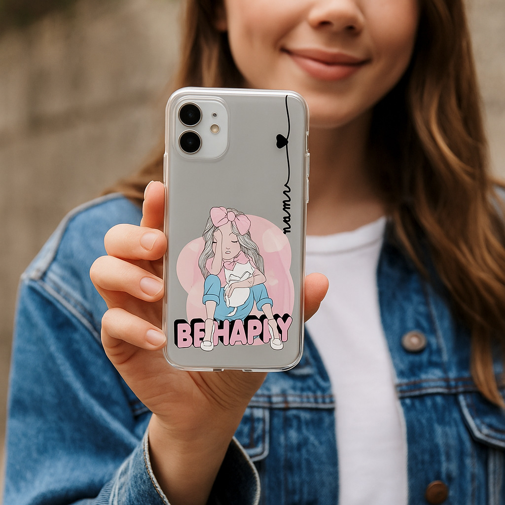 Soft Transparent Phone Case – Be Happily Art Printed Cover | Flexible Shockproof Silicone Case for All Smartphones