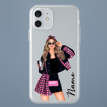 Transparent Silicone Mobile Cover – Stylish Pink Fashion Girl Art | Soft Shockproof Clear Case for All Phone Models