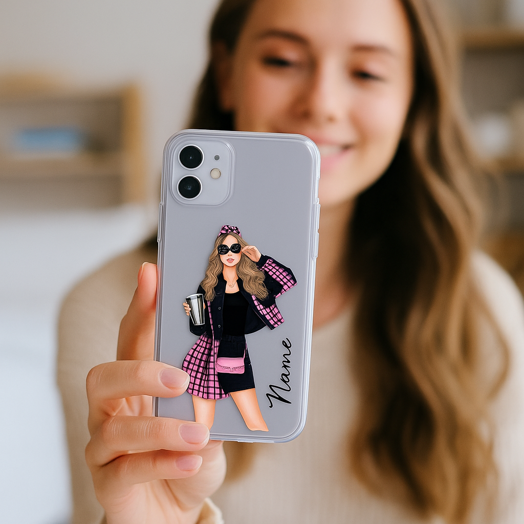 Soft Clear Silicone Phone Case – Trendy Pink Fashion Girl Illustration | Flexible Shockproof Cover for All Smartphones